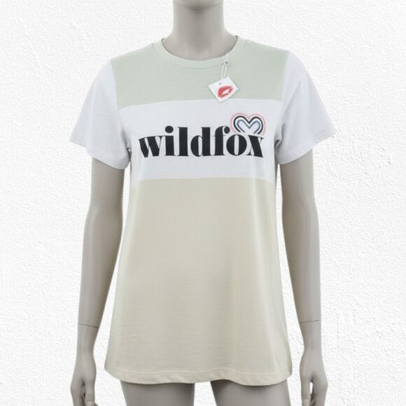 Wildfox Beige Green White Colorblock Heart Logo Semi-Sheer T-Shirt Size XS - Picture 1 of 9